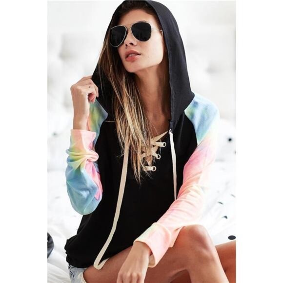 BiBi French Terry Lace Up Hoodie With Tie Dye Sleeves - Picture 16 of 16